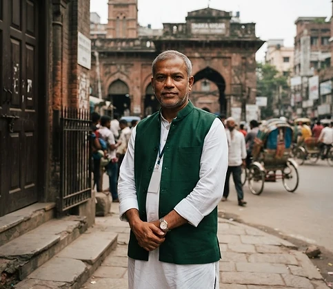 A Dhaka district representative standing with calm determination near civic architecture